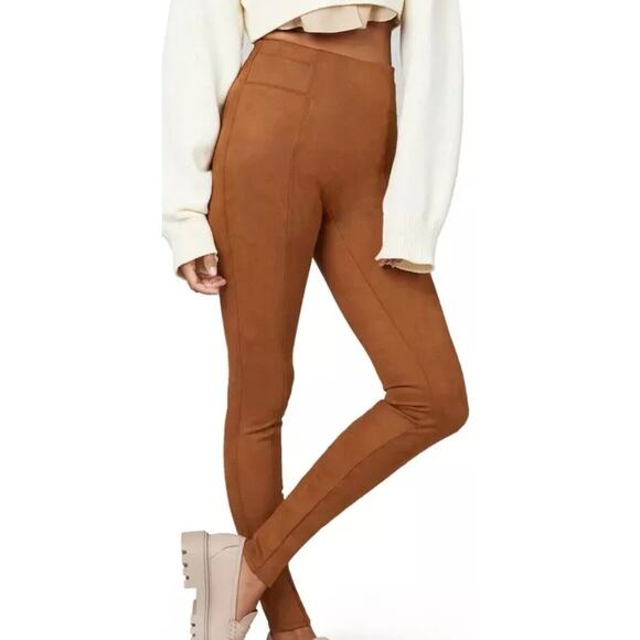 EUC Spanx Sz XL Extra Large Faux Suede Brown Leggings Pants Caramel Stretch - Picture 1 of 11